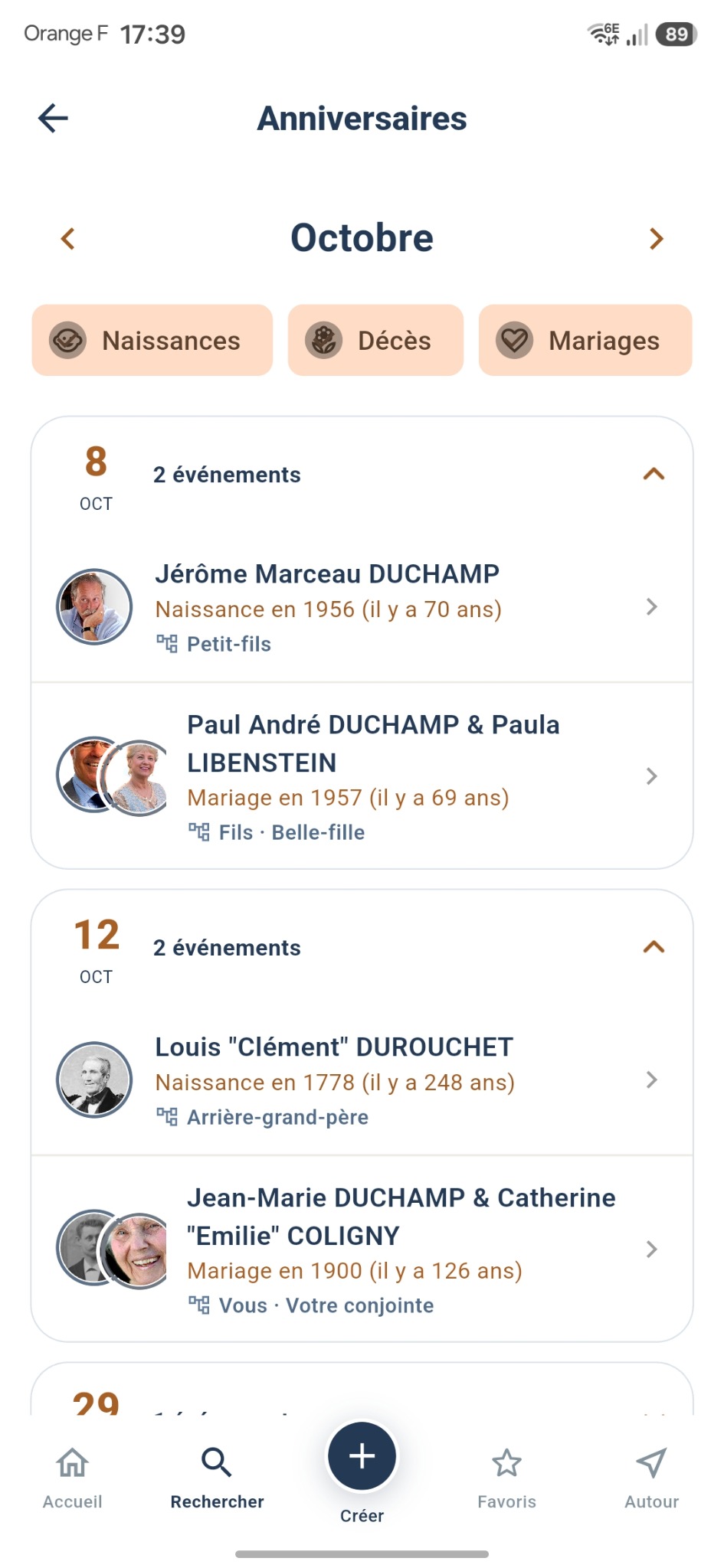 Calendrier mensuel des anniversaires généalogiques